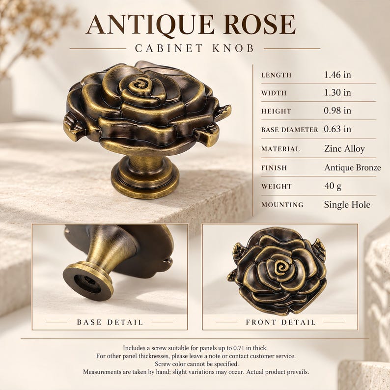 Solid Zinc Alloy Rose Flower Cabinet Knobs, Vintage Floral Drawer Pulls (Gold, Silver, Bronze) Antique Bronze