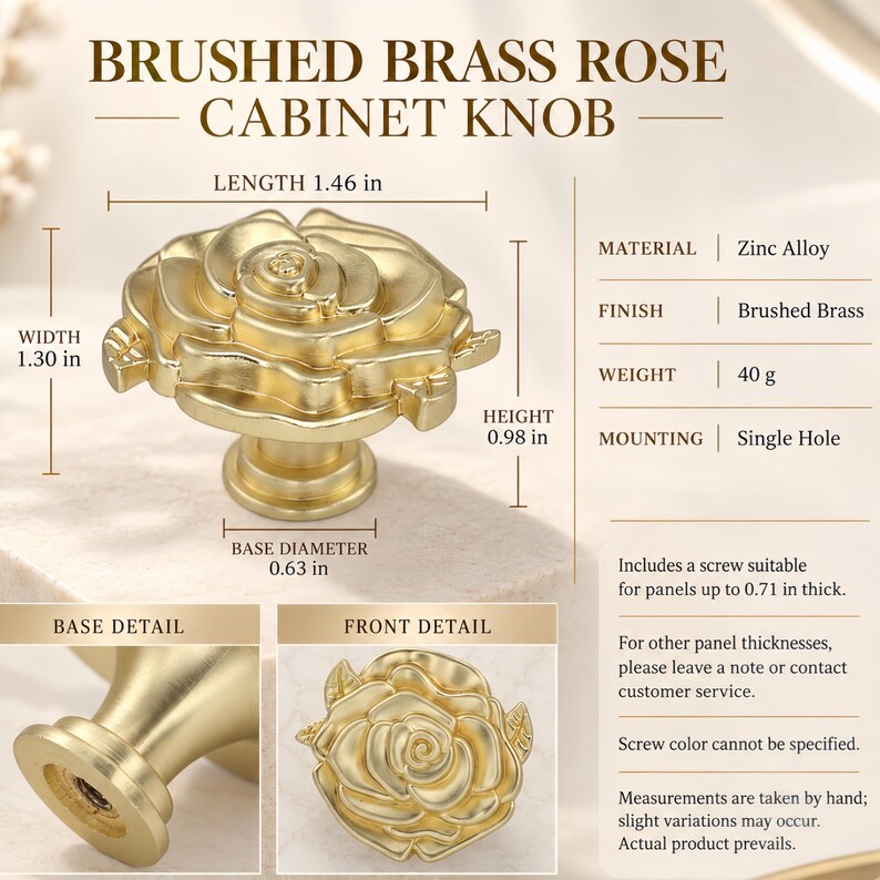 Solid Zinc Alloy Rose Flower Cabinet Knobs, Vintage Floral Drawer Pulls (Gold, Silver, Bronze) Brushed Gold