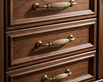 Solid Brass Cabinet Pulls, Vintage Ribbed Drawer Handles, Antique Brass or Satin Gold Furniture Hardware, 6 Sizes for Dresser Doors
