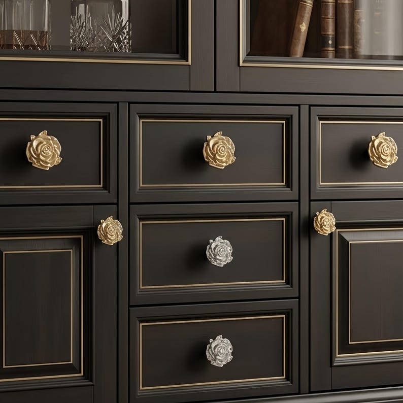 Solid Zinc Alloy Rose Flower Cabinet Knobs, Vintage Floral Drawer Pulls (Gold, Silver, Bronze) image 5