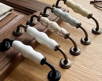 Ceramic Cabinet Pull 5 Inch, Black White Gourd Handle, Antique Brass Zinc Alloy Drawer Pull, Vintage Dresser Cupboard Door Hardware Knob Set