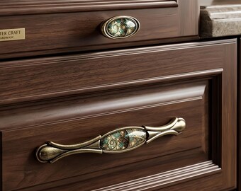 Antique Brass Crystal Cabinet Handles, Vintage Mosaic Drawer Pulls, Decorative Dresser Knobs, Victorian Wardrobe Hardware, 4 Sizes