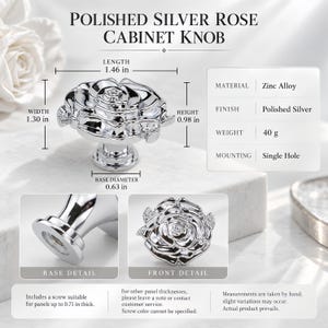 Solid Zinc Alloy Rose Flower Cabinet Knobs, Vintage Floral Drawer Pulls (Gold, Silver, Bronze) Bright Silver