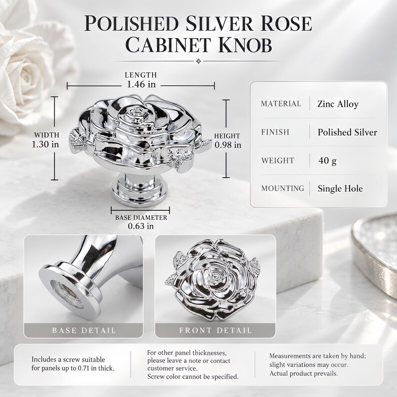 Solid Zinc Alloy Rose Flower Cabinet Knobs, Vintage Floral Drawer Pulls (Gold, Silver, Bronze) Bright Silver
