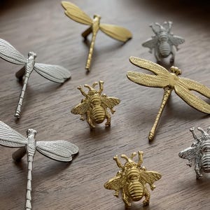 Może przedstawiać: Kolekcja metalowych gałek meblowych w kształcie ważek i pszczół. Zestaw zawiera wykończenia w kolorze srebrnym i złotym ze szczegółowymi skrzydłami i segmentowanymi korpusami. Te dekoracyjne elementy okuć są przeznaczone do szuflad lub drzwi.