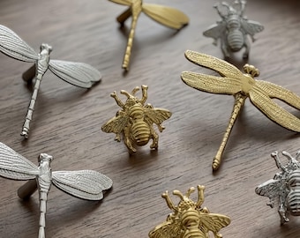 Messing kastknoppen met bijen- en libellemotief, op de natuur geïnspireerde meubelbeslag (goud, zilver, messing)