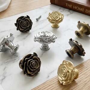 Solid Zinc Alloy Rose Flower Cabinet Knobs, Vintage Floral Drawer Pulls (Gold, Silver, Bronze) image 3