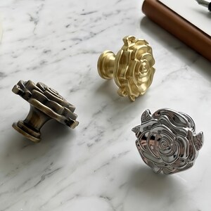 Solid Zinc Alloy Rose Flower Cabinet Knobs, Vintage Floral Drawer Pulls (Gold, Silver, Bronze) image 2