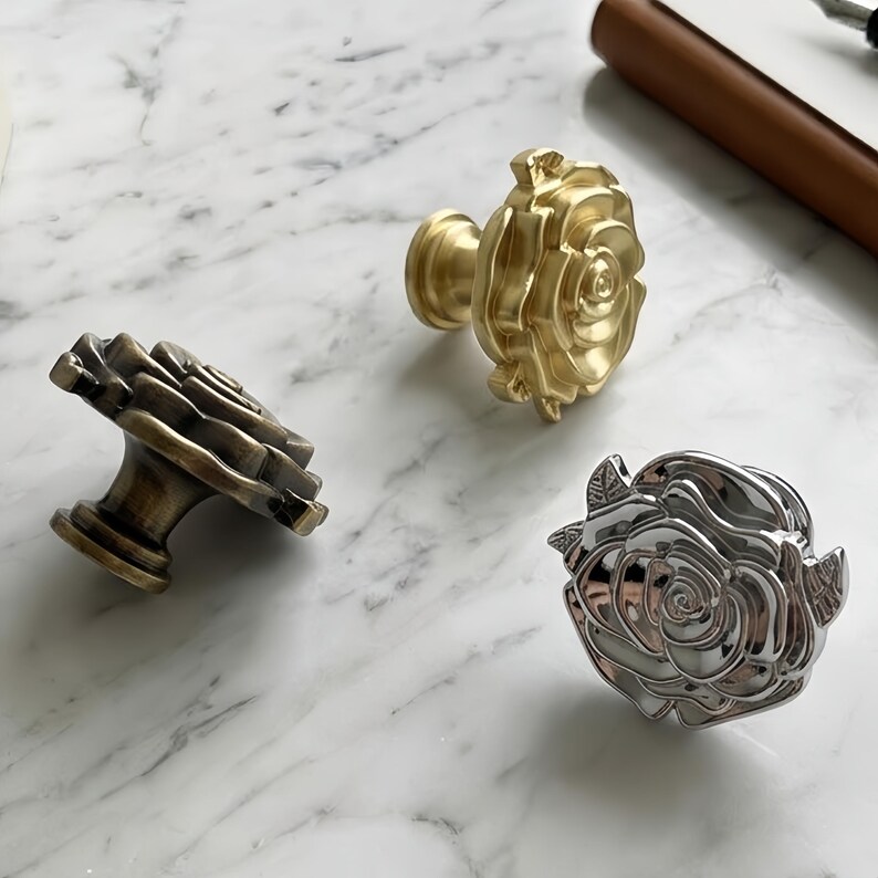 Solid Zinc Alloy Rose Flower Cabinet Knobs, Vintage Floral Drawer Pulls (Gold, Silver, Bronze) image 2