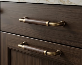 Kastgrepen van walnoothout, antieke messing handgrepen, beslag in mid-century stijl (6 opties)