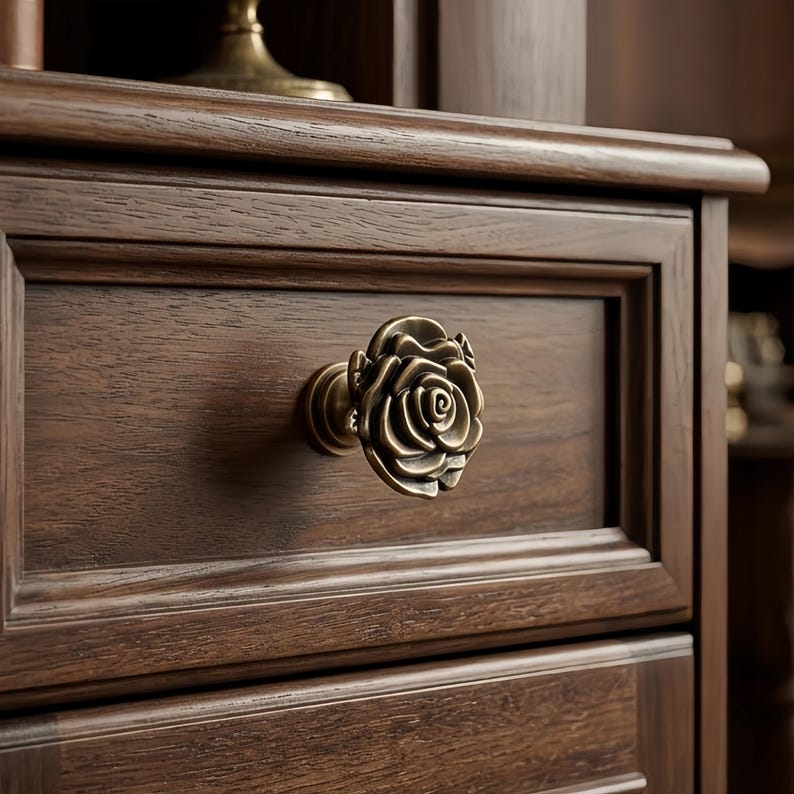 Solid Zinc Alloy Rose Flower Cabinet Knobs, Vintage Floral Drawer Pulls (Gold, Silver, Bronze) image 1