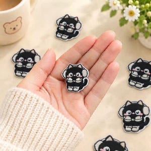 Black Cat Patch, Kawaii Kitty with Headphones Applique, Cute Animal Iron On Badge, Jacket Backpack Accessory