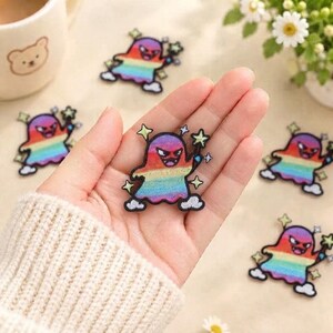 Rainbow Ghost Patch, Magic Wand Monster Embroidered Applique, Cute Spooky Iron On Badge, Jacket Backpack Accessory