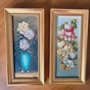 Paire Tableaux Huile Signés Luz, Diptyque Fleurs Relief Cadre Doré, Signed Oil Painting Pair, Cottagecore, Grandmillennial Decor