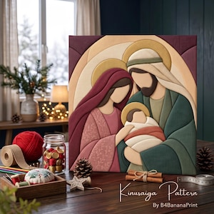 May include: A Kinusaiga pattern art piece depicting a stylized nativity scene with a figure in a maroon robe, a figure in a green robe, and a swaddled infant. The text reads Kinusaiga Pattern by B4BananaPrint in a script font.
