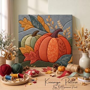 May include: A square fabric wall art piece featuring a quilted pumpkin design with orange, green, and gold leaves. The text "Kinusaga Pattern by B4Banana Print" is visible. Includes yarn, spools, a pincushion, and a measuring tape.