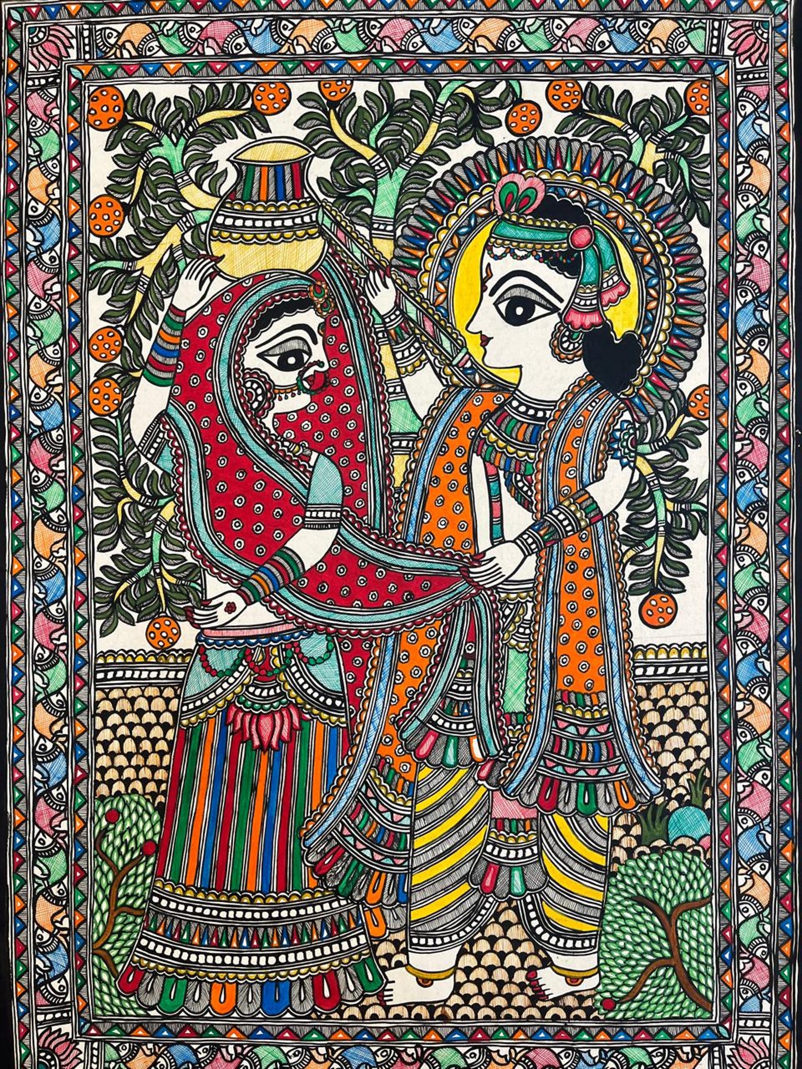 Radha Krishna Hindu Goddess Natural original Handmade panting | Divine Love Hindu Deity Canvas Art Size : 30*22 - inch , 76*56 - cm