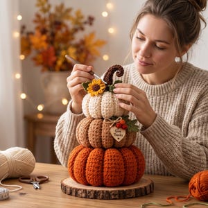 Può includere: Una decorazione a forma di zucche all'uncinetto impilate su tre livelli nei colori arancione, beige e crema. La zucca superiore è decorata con un piccolo girasole giallo e foglie verdi. Un'etichetta in legno a forma di cuore riporta la scritta Give Thanks.