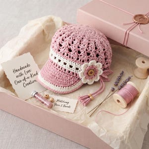 May include: A dusty pink crocheted cap with a white band and a floral accent featuring a wooden button. The set includes a small glass vial of beads, a wooden spool with pink thread, a wooden spool, lavender sprigs, and two cards with text.