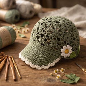 May include: A sage green crocheted baseball cap featuring an intricate floral pattern throughout the crown. The brim is edged with a scalloped white trim, and a single white daisy applique with a yellow center and a green leaf is attached to the side.