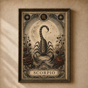 May include: A framed rectangular wall art print featuring a central scorpion illustration set against a large moon and star constellation. The design includes floral elements, the Scorpio zodiac symbol, and the text SCORPIO in a decorative banner.