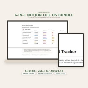 Paquete Ultimate Soft Life OS / 6 plantillas de Notion Planificador para TDAH Seguimiento de presupuesto Calendario de contenido CRM