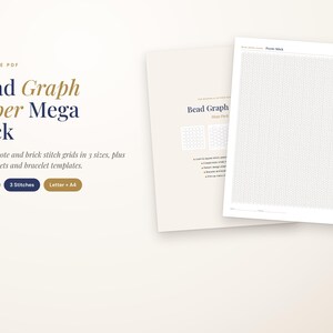 May include: A printable PDF bead graph paper mega pack featuring loom, peyote, and brick stitch grids in three sizes, design sheets, and bracelet templates. The document includes 15 pages, three stitch types, and is available in Letter and A4 sizes.