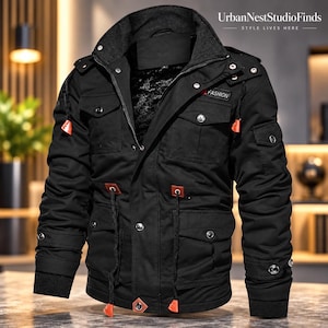 May include: A black jacket featuring a high collar, a front zipper closure, and multiple pockets with silver-toned snap buttons. The garment includes orange accents on the drawstrings and a small rectangular patch with the text FASHION.