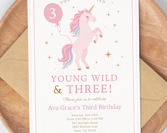 Unicorn 3rd Birthday Invitation | Pink Gold Birthday Party Invite ,Unicorn Birthday Template | Editable Canva Girl Birthday Party Invitation