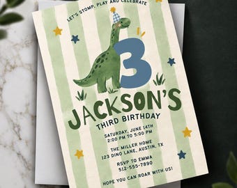 Dinosaur 3rd Birthday Invitation | Three Rex Birthday Party Invite | Dino Birthday Invitation | Editable Canva 3rd Birthday Party Template