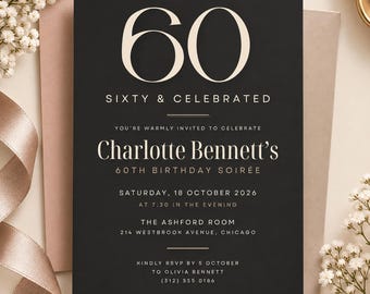 Editable 60th BIRTHDAY INVITATION | Sixtieth Birthday Party Invite | Cheers to 60 Celebration!! | Editable Canva Template | Digital Download