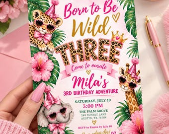 Wild Animal 3rd birthday Invitation | Safari Third Birthday Invite | Jungle Animal Party | Editable Canva Template | Digital Download