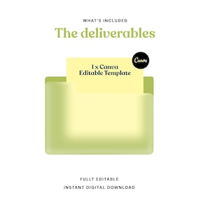 May include: A light green digital folder icon containing a pale yellow document with the text 1 x Canva Editable Template and a black Canva logo circle. Above the folder is the text WHAT'S INCLUDED The deliverables and below is FULLT EDITABLE INSTANT DIGITAL DOWNLOAD.