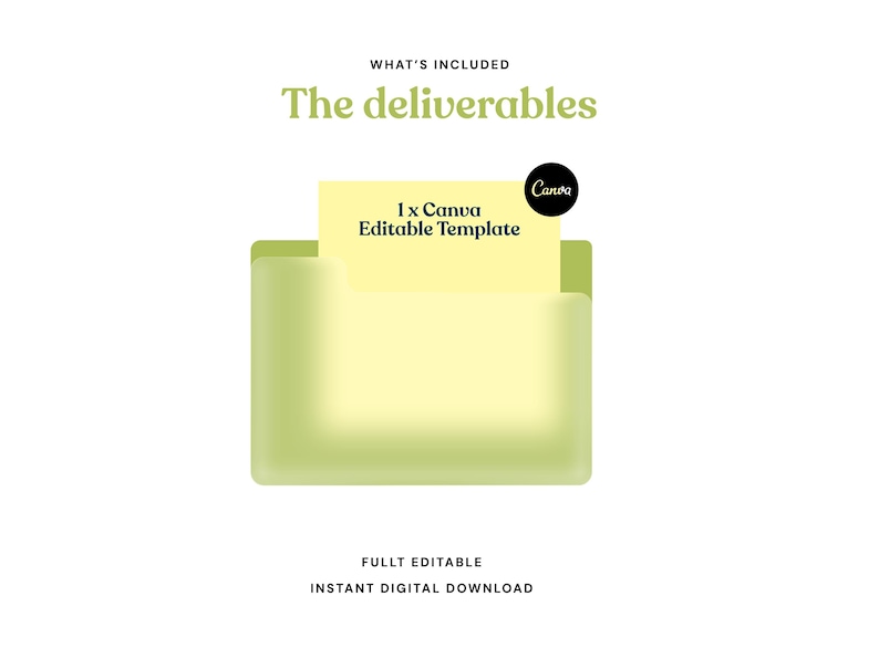 May include: A light green digital folder icon containing a pale yellow document with the text 1 x Canva Editable Template and a black Canva logo circle. Above the folder is the text WHAT'S INCLUDED The deliverables and below is FULLT EDITABLE INSTANT DIGITAL DOWNLOAD.