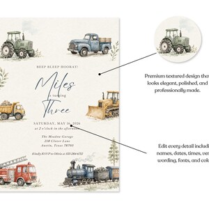 May include: A birthday invitation card featuring watercolor illustrations of a green tractor, blue truck, yellow bulldozer, red fire truck, and a steam train. The text reads BEEP BLEEP HOORAY! Miles is turning THREE, SATURDAY, MAY 16, 2026, at 2 o'clock in the afternoon, The Meadow Garage, 218 Clover Lane, Austin, Texas 78703, Kindly RSVP to Olivia at 555-284-6712.