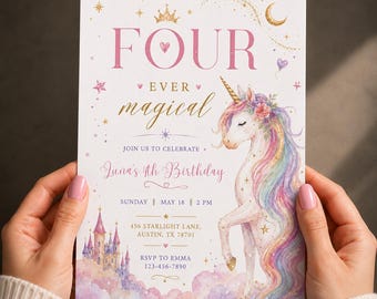 Unicorn 4th Birthday Invitation | Magic Rainbow Party Invite | Pastel Unicorn Birthday Template | Editable Canva Kids Fourth Birthday Invite