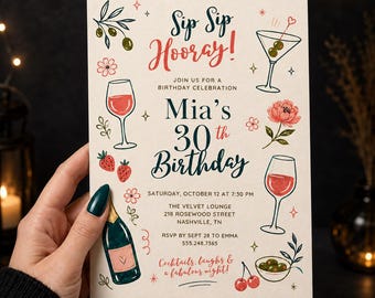 Cocktail Birthday Invitation | Adult Cocktail Party Invites | Cheers to Birthday Template | Editable Canva Elegant Birthday Party Invitation