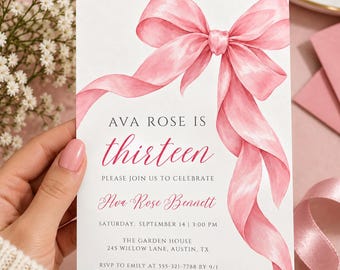 Pink Bow 13th Birthday Invitation | Coquette 13th Birthday Invite | Teen Girl Birthday Party | Editable Canva Template | Digital Download