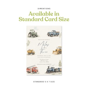 May include: A rectangular invitation card featuring watercolor illustrations of a green tractor, blue pickup truck, yellow dump truck, bulldozer, red fire engine, and a train. The text reads: BEEP BEEP HOORAY! Miles is turning THREE. SATURDAY, MAY 16, 2026.