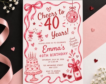 Pink 40th birthday Invitation | Forty & Fabulous Birthday Party Invite | Pink 40th Celebration | Editable Canva Template | Digital Download