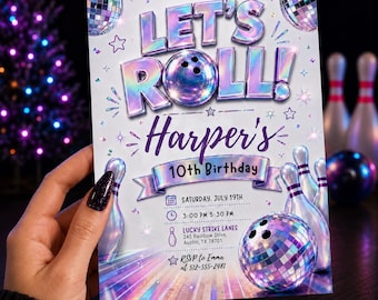 Bowling Birthday Invitation | Neon Bowling Party Invite | Retro Bowling Party Template | Editable Canva Bowling Birthday Invitation Template