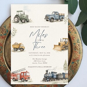 May include: A rectangular invitation card featuring watercolor illustrations of a green tractor, blue pickup truck, yellow dump truck, bulldozer, red fire truck, and a train. Text reads: BEEP BLEEP HOORAY! Miles is turning Three, SATURDAY, MAY 16, 2026.