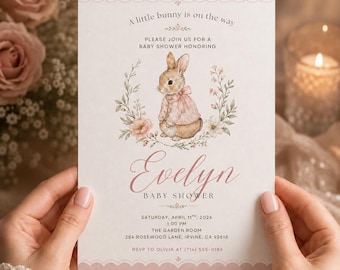 Bunny Baby Shower Invitation | Cute Rabbit Baby Shower Invites | Woodland Baby Shower Template | Editable Canva Bunny Baby Shower Invitation