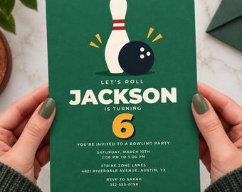 Bowling 6th Birthday Invitation Template | Bowling Birthday Party Invite | Strike Party Invitation | Editable Canva 6th Birthday Template