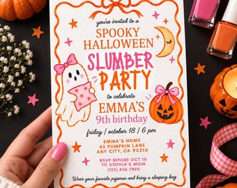 Halloween Slumber Party Birthday Invitation | Spooky Sleepover Party Invite | Girls Pajama Party | Editable Canva Template, Digital Download