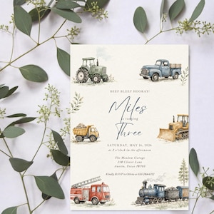 May include: A rectangular invitation card featuring watercolor illustrations of a green tractor, blue pickup truck, yellow dump truck, bulldozer, red fire engine, and a train. Text reads: BEEP BLEEP HOORAY! Miles is turning THREE, SATURDAY, MAY 16, 2026.