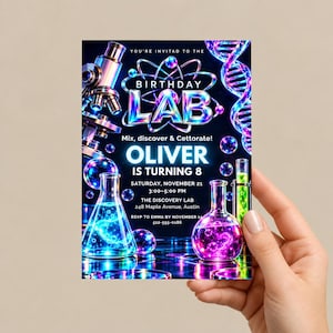 May include: A rectangular birthday invitation card featuring a science laboratory theme with a microscope, DNA strand, and glass beakers filled with glowing blue and pink liquids. Text reads: YOU'RE INVITAD TO THE BIRTHDAY LAB, OLIVER IS TURNING 8.