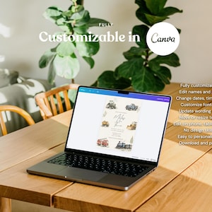 May include: A laptop displaying a digital invitation template with watercolor illustrations of construction vehicles and trains. The screen shows text that reads Fully Customizable in Canva, along with details about editing names, dates, and party information.