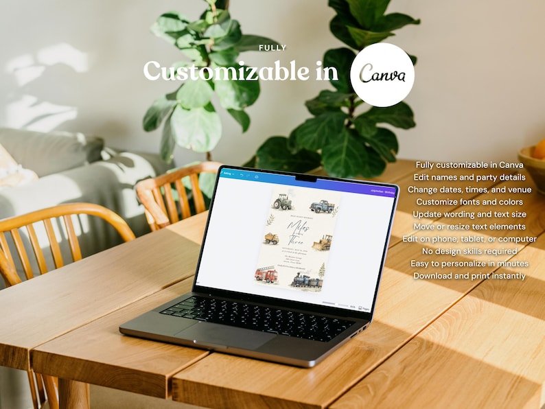 May include: A laptop displaying a digital invitation template with watercolor illustrations of construction vehicles and trains. The screen shows text that reads Fully Customizable in Canva, along with details about editing names, dates, and party information.