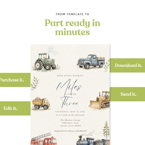 May include: A digital invitation template featuring watercolor illustrations of a green tractor, blue truck, yellow dump truck, bulldozer, fire truck, and train. Text reads: BEEP BLEEP HOORAY! Miles is turning Three, Saturday, May 16, 2026, at 2 o'clock.